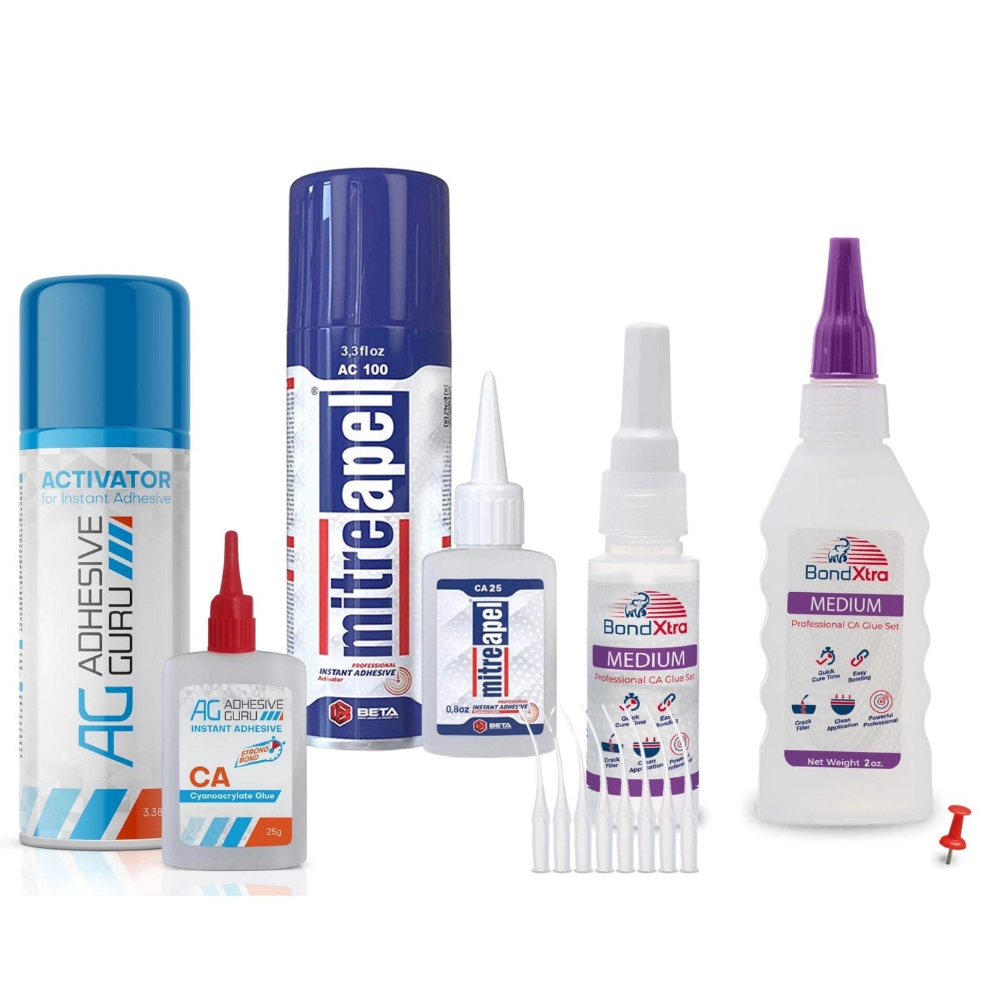 ADHESIVE GURU AG210 & APEL AC100 CA Glue with Activator 0.9 oz & 3.38 fl oz & BONDXTRA Med 2 oz (TRIO SET)